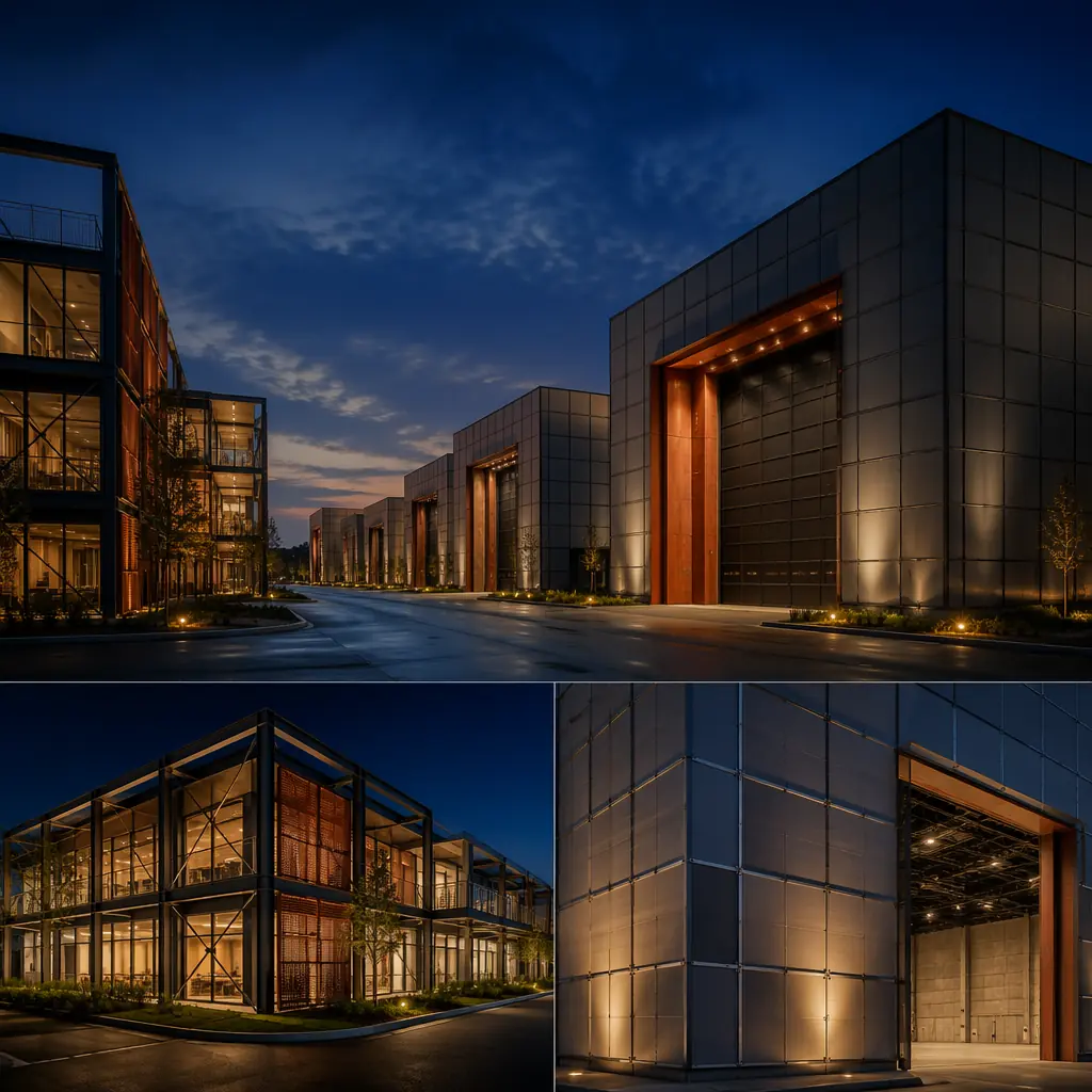 Completed modular sound stage campus, professional architectural photograph, multiple prefabricated stage buildings arranged on studio lot, clean geometric building forms with acoustic panel exteriors, modern production studio campus context, professional lighting showing building details, connecting roadways and production support buildings visible, dark navy building exteriors, warm steel orange accent elements on building entries and trim, dusk lighting with building interior glow visible through acoustic door windows, no people