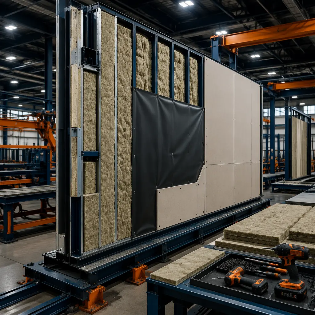 Modular sound stage wall and roof truss module being craned into position, large prefabricated steel frame assembly suspended from crane cable, acoustic sandwich panel wall module visible with integrated insulation layers, construction site with prepared concrete slab foundation, flatbed transport trailer with additional modules in background, dark navy structural steel, warm steel orange edge trim, no people faces