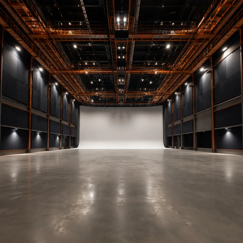 Completed modular sound stage interior, vast 25,000 sq ft column-free production space, 55ft clear height to overhead lighting grid, acoustic wall panels with dark navy finish visible around perimeter, catwalk and rigging grid suspended from factory-truss ceiling structure, LED production lighting fixtures on grid, polished concrete floating floor, electrical Cam-lok disconnect panels on stage walls, large 20ft acoustic door visible at far end, warm steel orange accent on structural column bases, no people, no sets