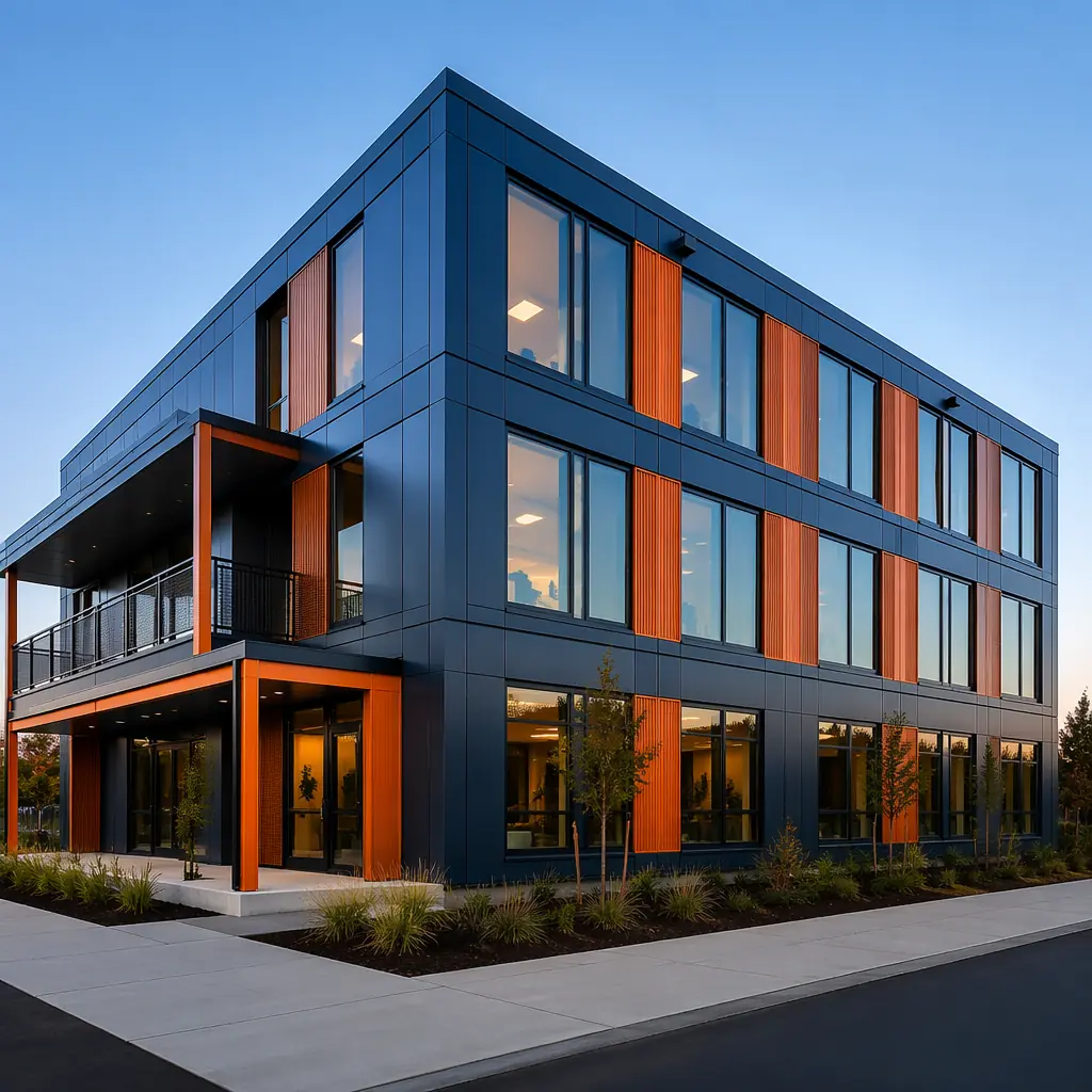 Modern modular building exterior with clean architectural lines, prefabricated modules assembled, steel frame structure visible, warm steel orange accent details on structural elements, professional commercial setting