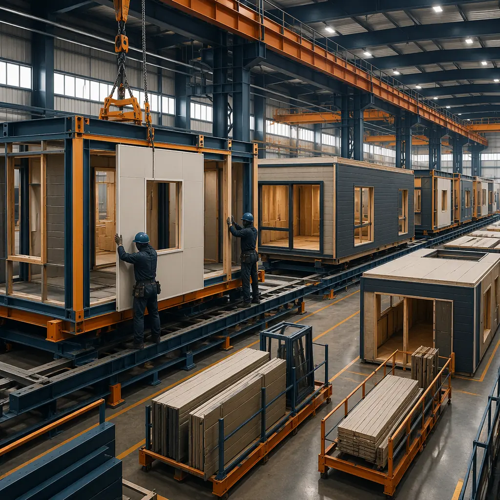 Factory assembly line for prefabricated modules, workers installing wall panels, modules nearing completion, steel frame and structural elements visible, industrial setting