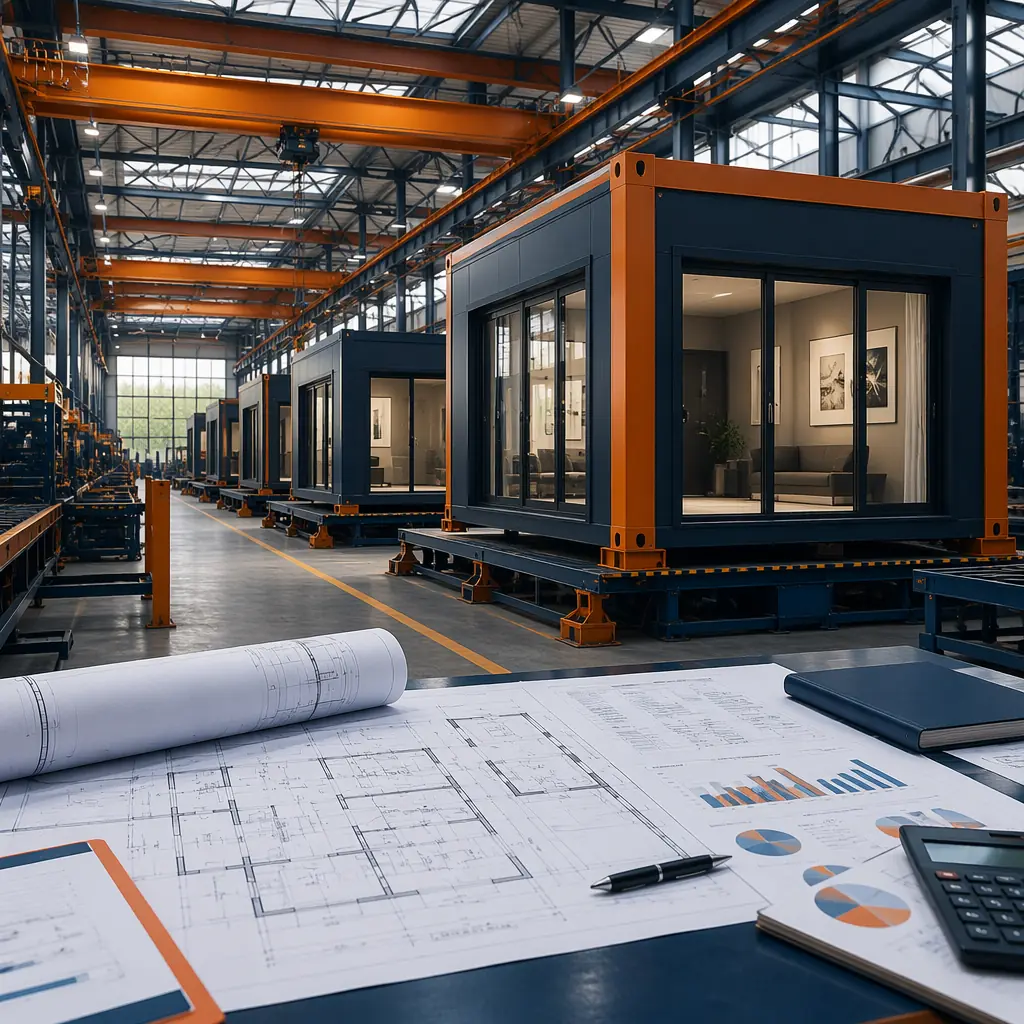 Modular prefabricated construction units on factory floor with financial documentation overlay, steel frame structure visible, factory assembly environment