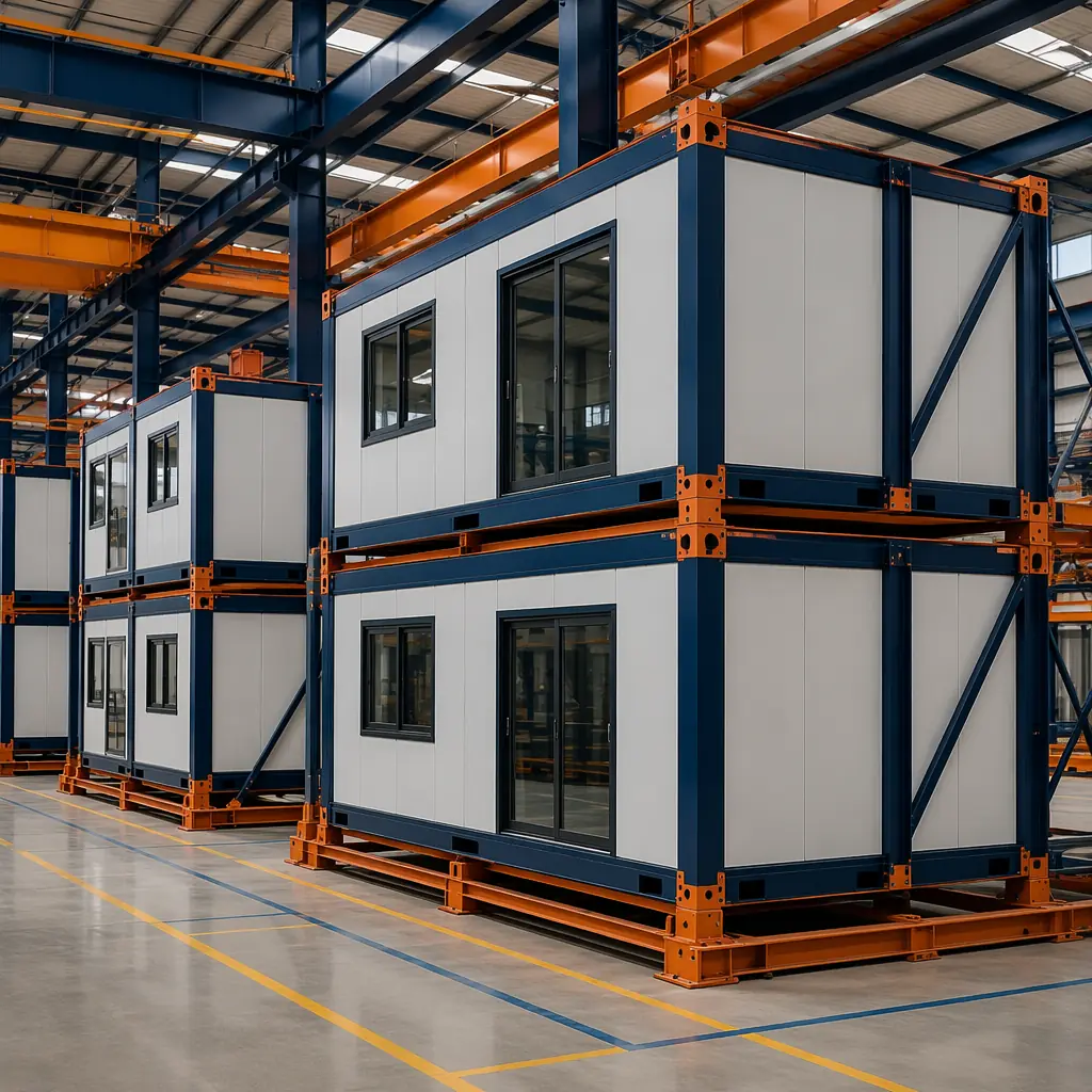 Factory floor with stack of completed modular building units, shipping labels visible, modules ready for transport, steel frame structure, industrial assembly environment