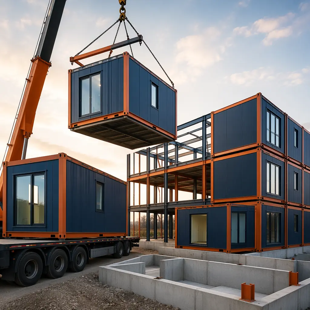 Crane lifting modular prefabricated building unit onto foundation, steel frame visible, construction site with modules arriving on flatbed truck, module seams visible