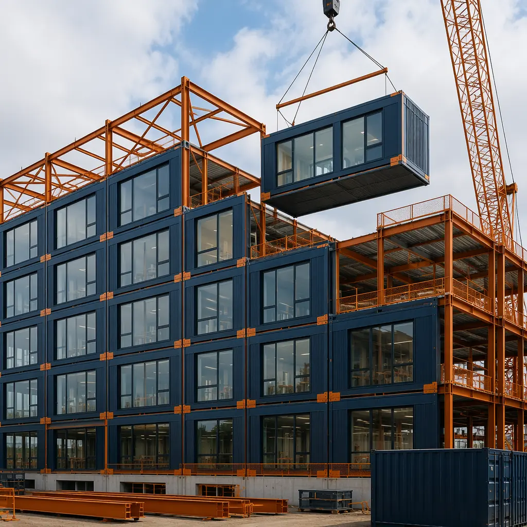 Multi-story modular building under construction, prefabricated modules being craned into position, clean geometric lines, grid pattern facade reflecting modular units, steel frame visible