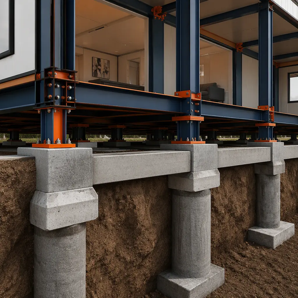 Cross-section comparison showing pier and beam system with crawl space alongside slab-on-grade with embedded hold-down anchors, highlighting module bearing points