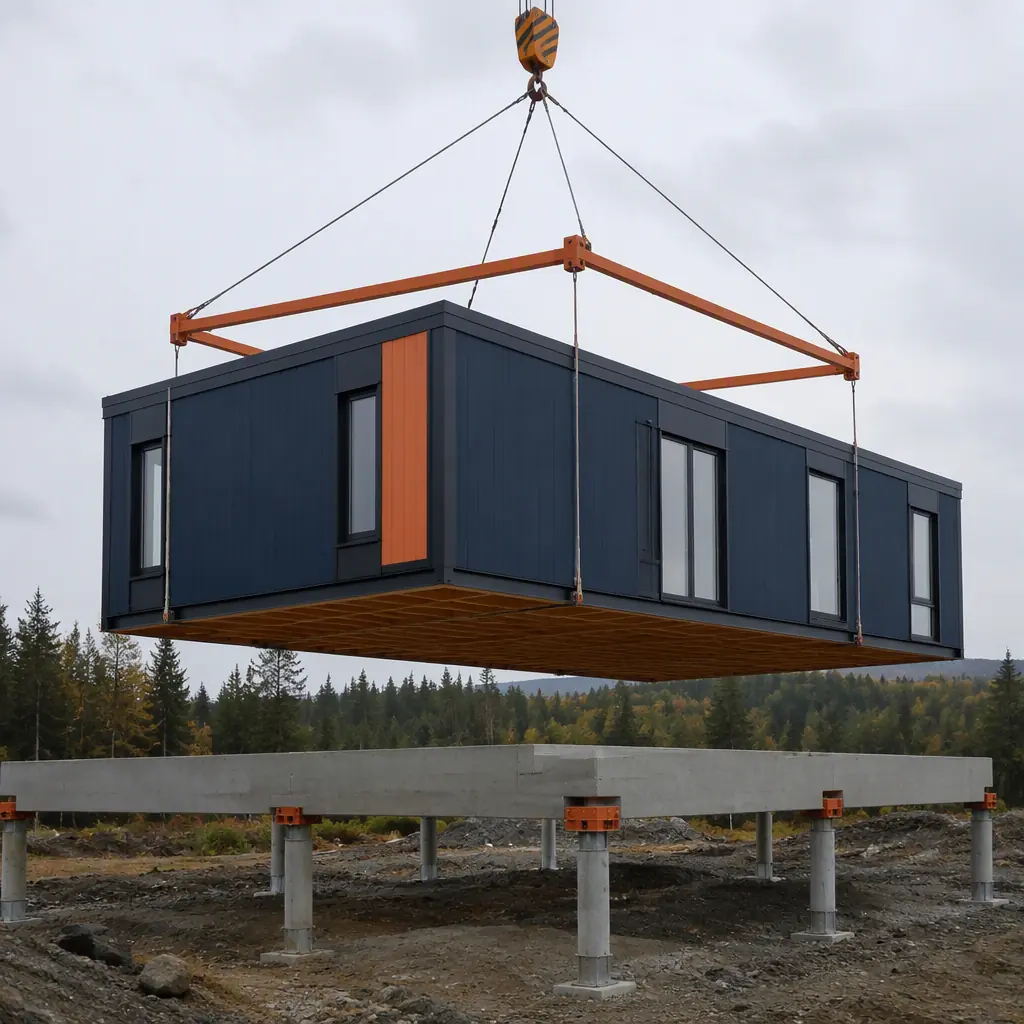 Concrete pier foundation system with steel beam caps under construction for a modular building, showing precise alignment of pier grid