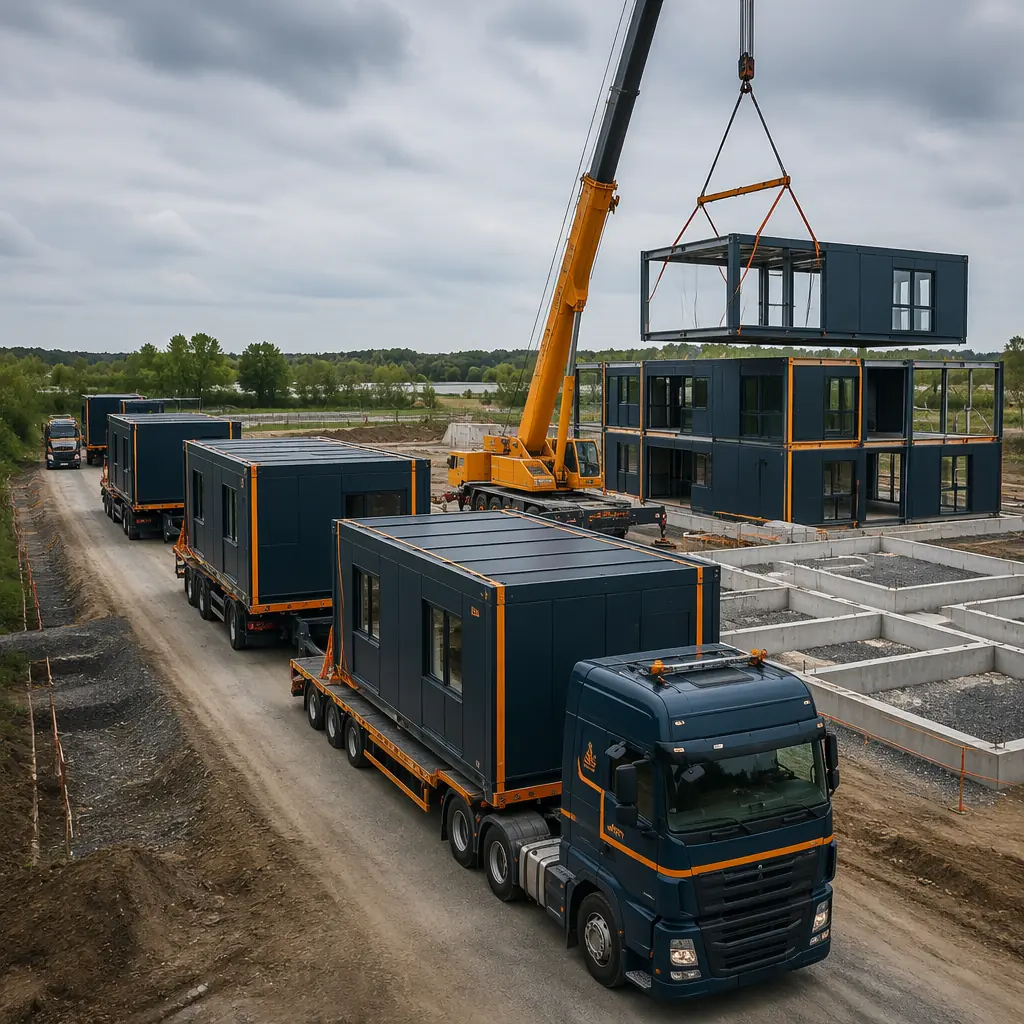Multiple modular building units on flatbed trucks arriving at construction site, crane positioning prefabricated steel frame module, clean geometric commercial building design, active construction site