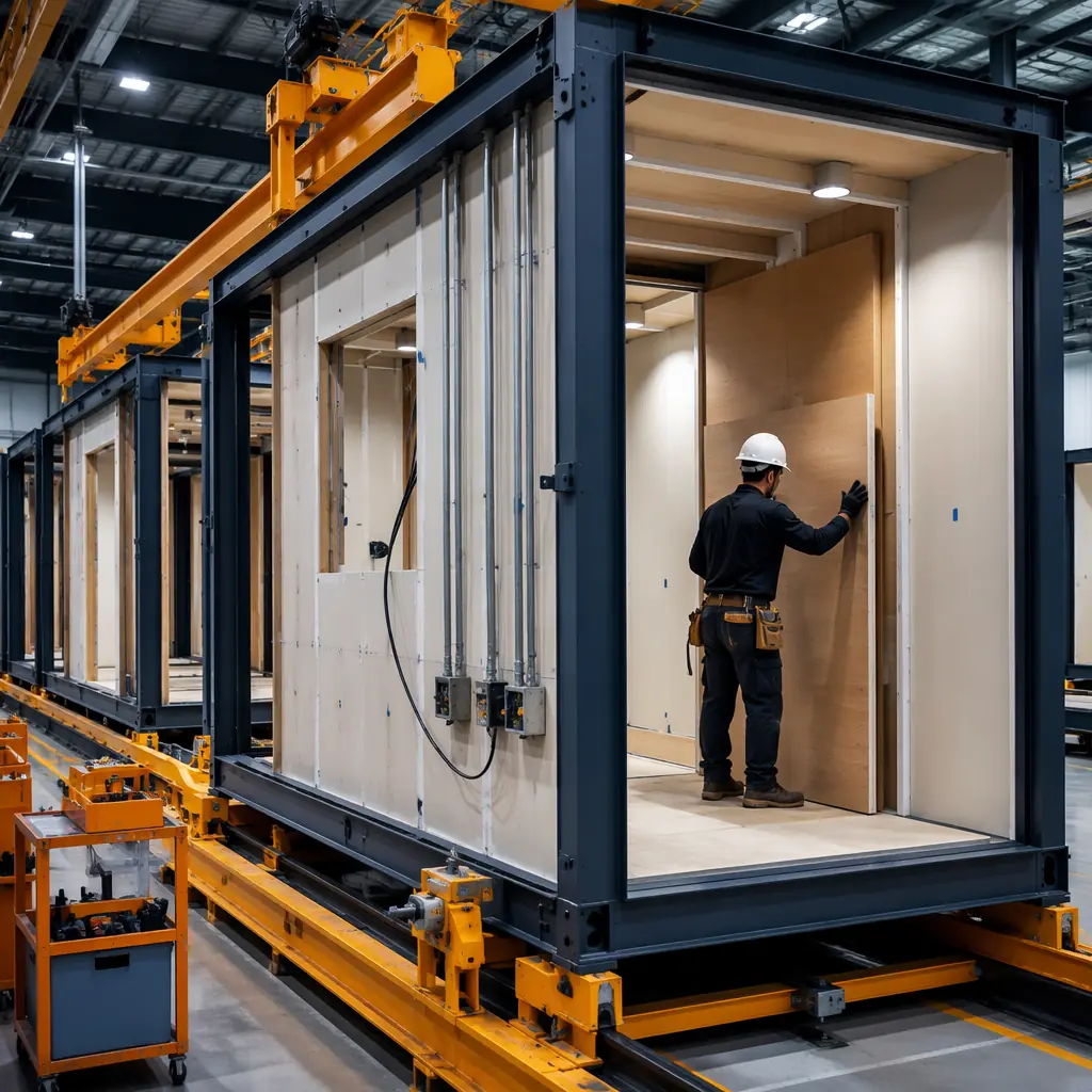 Modular construction factory assembly line, multiple commercial retail modules being produced simultaneously, workers installing interior finishes on prefabricated units, steel frame structure visible, standardized production process