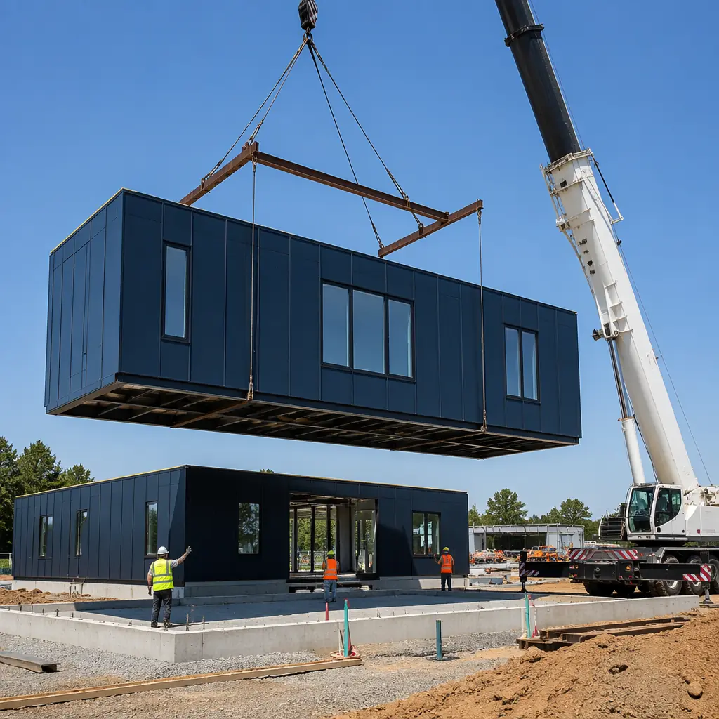 Crane lifting prefabricated modular commercial building unit onto prepared foundation, construction site with multiple modules being positioned, clean geometric building design, steel frame structure visible
