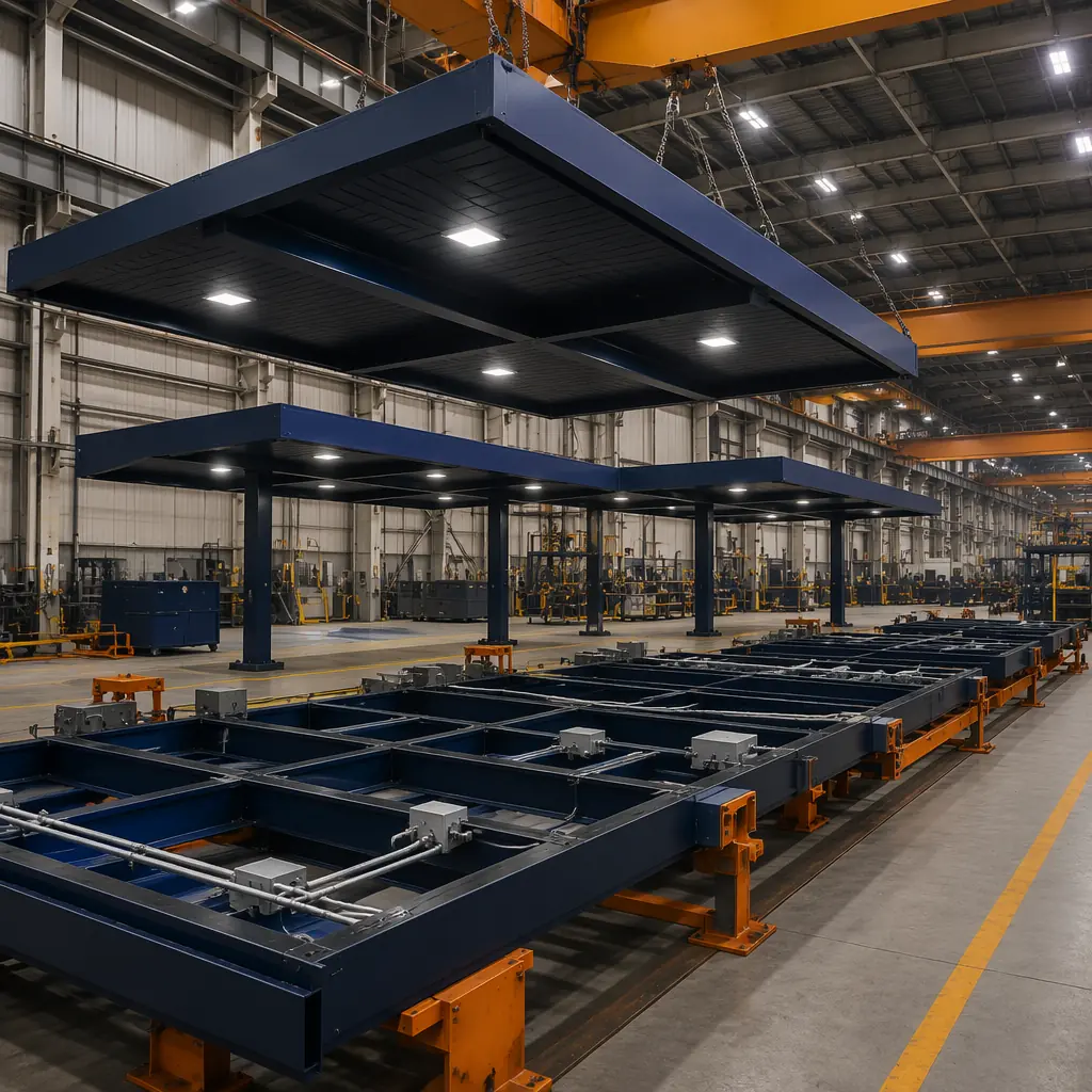 Factory assembly of modular fuel canopy steel frame, production line with canopy modules in various stages of completion, steel I-beams being welded at bolted connections, factory-installed LED lighting fixtures visible on canopy underside, explosion-proof electrical conduit runs pre-installed, overhead crane moving completed canopy module, clean industrial factory environment, dark navy structural steel, warm steel orange accent on fascia edges