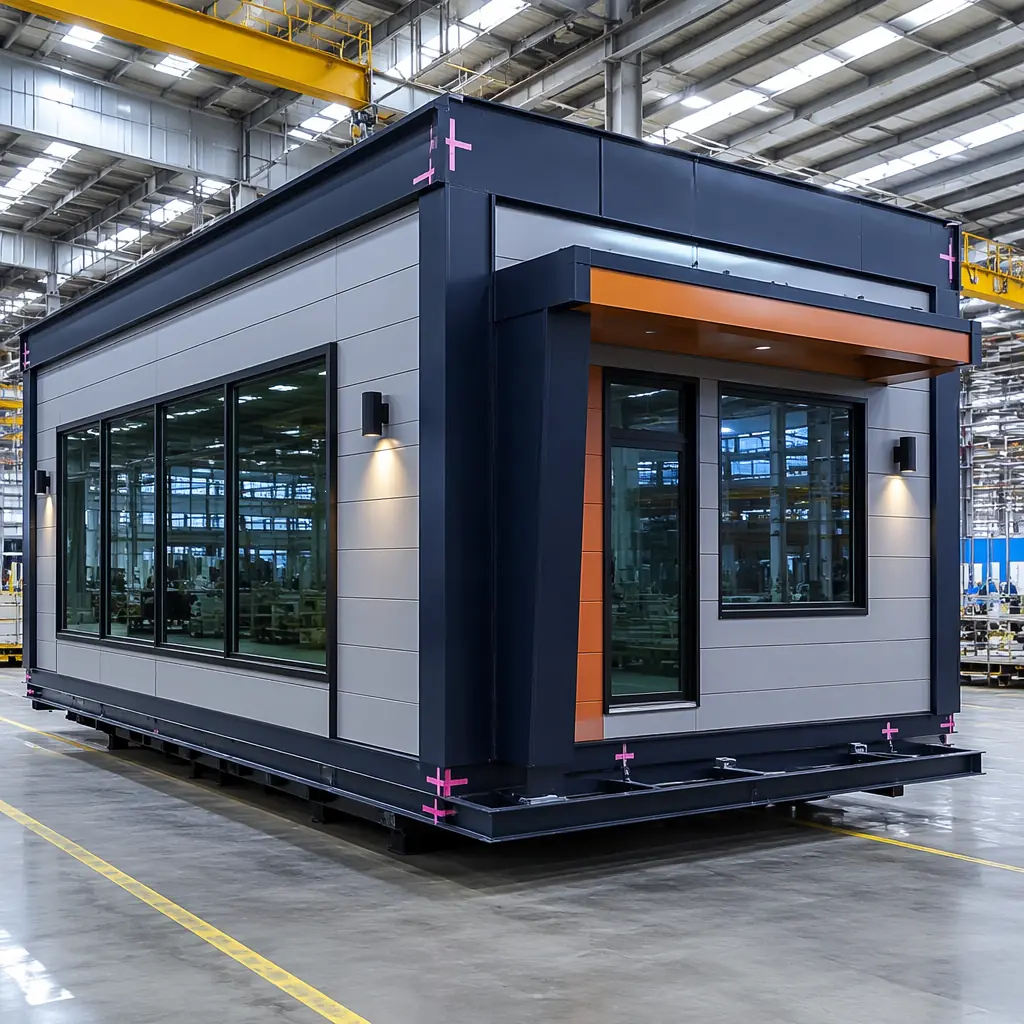 Modular convenience store module on factory floor, prefabricated retail unit nearing completion, exterior cladding installed, storefront glass window frames in place, module being inspected by quality control, factory lighting illuminating the completed c-store module, clean industrial manufacturing environment, dark navy exterior panels, warm steel orange trim accents, module ready for transport to site