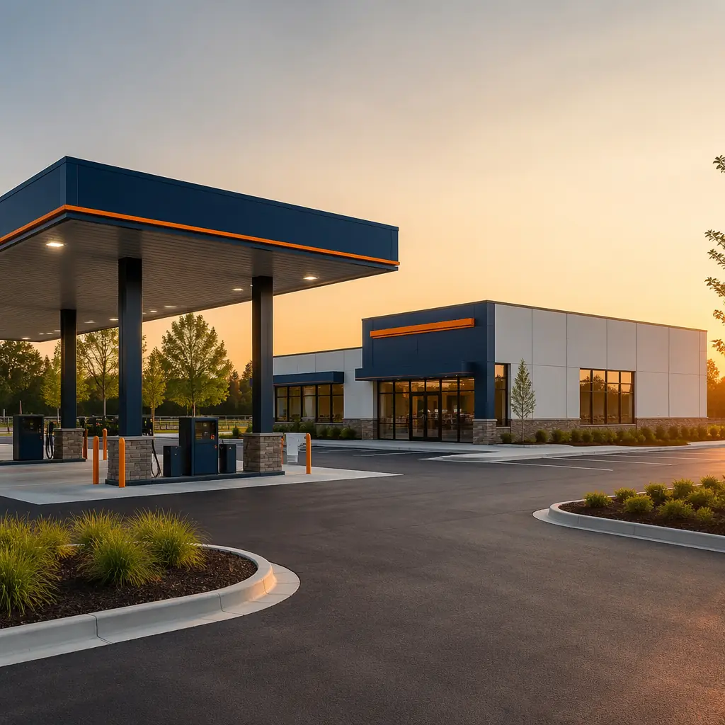 Completed modular gas station, professional architectural photograph, modern prefabricated fueling canopy with integrated LED lighting, convenience store building with glass storefront, clean geometric lines and module grid pattern visible on building facade, forecourt with fuel dispensers beneath canopy, professional dusk lighting showing illuminated station, dark navy structural elements, warm steel orange accent details, brand-compliant color palette, no people
