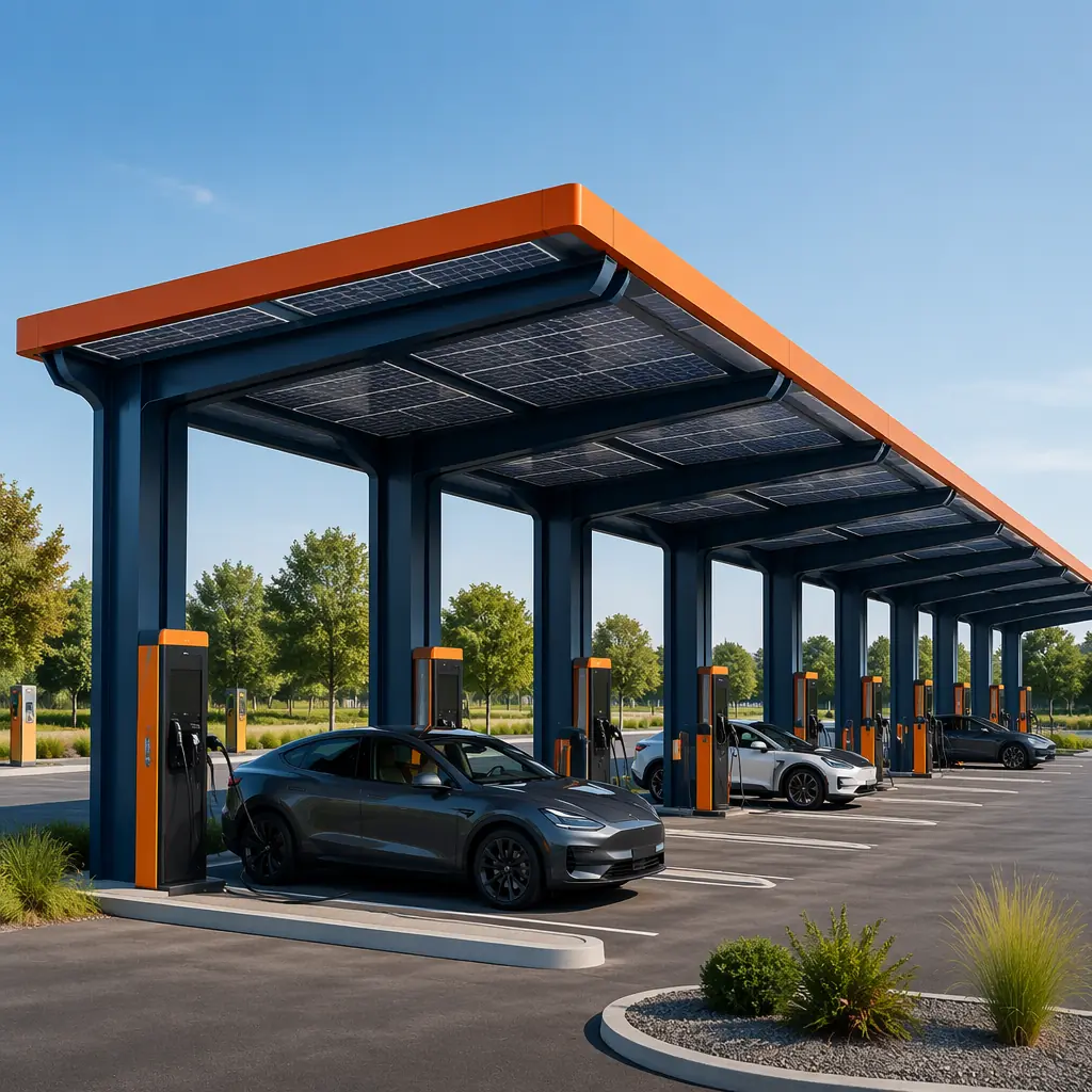 Modular EV charging canopy with solar panel integration on canopy roof, electric vehicles charging at DC fast charging stations beneath prefabricated steel frame structure, clean geometric canopy design with photovoltaic panels visible on top surface, modern fueling station forecourt with charger pedestals, dark navy canopy columns, warm steel orange edge trim, modular construction seams visible, no people faces, no traditional gas pumps