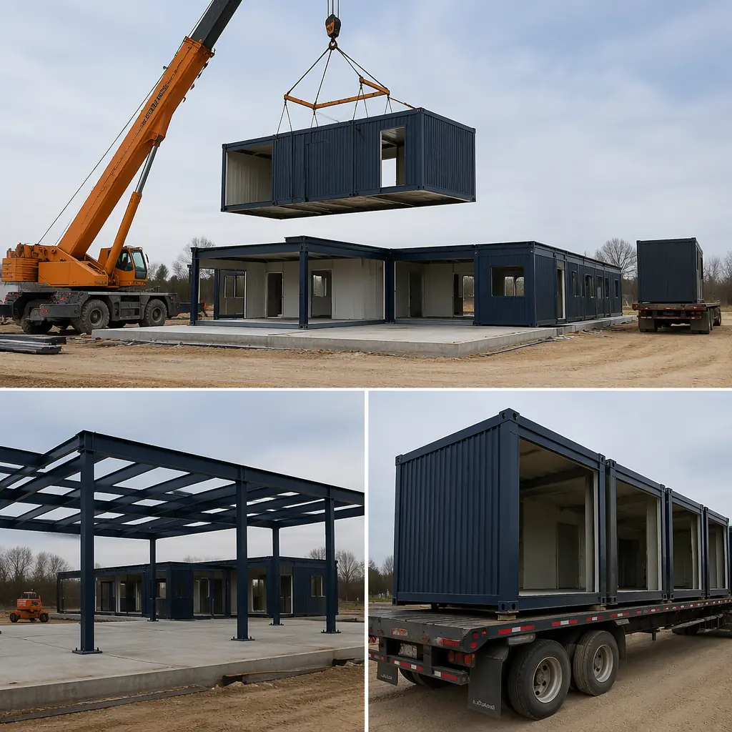 Modular convenience store and fueling canopy being craned into position, station under active construction, steel frame module suspended from crane cable, prefabricated retail unit being placed on prepared foundation, flatbed truck with additional modules in background, construction site with excavation and UST area visible, dark navy and steel orange brand colors on structural elements
