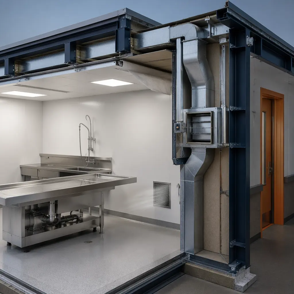 Photorealistic 3D cross-section render of modular funeral home wall assembly at embalming suite, chemical-resistant epoxy wall coating visible, factory-installed exhaust ductwork with table-height intake grille for formaldehyde vapor capture, negative pressure damper system between preparation room and public corridor, stainless steel work surfaces with integrated drainage, dark navy structural framing with warm steel orange accent on door frames and trim details