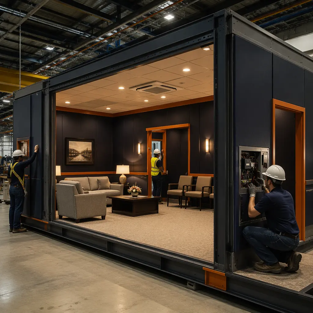Factory floor of modular prefabricated construction facility, completed funeral home visitation room module with warm interior finishes, upholstered seating pre-installed, dimmable lighting system with factory-wired control panel, acoustic ceiling panels for sound privacy between adjacent visitation rooms, dedicated HVAC zone unit visible above ceiling grid, workers performing final quality inspection and finish detailing, dark navy wall panels with warm steel orange accent on door frames and trim