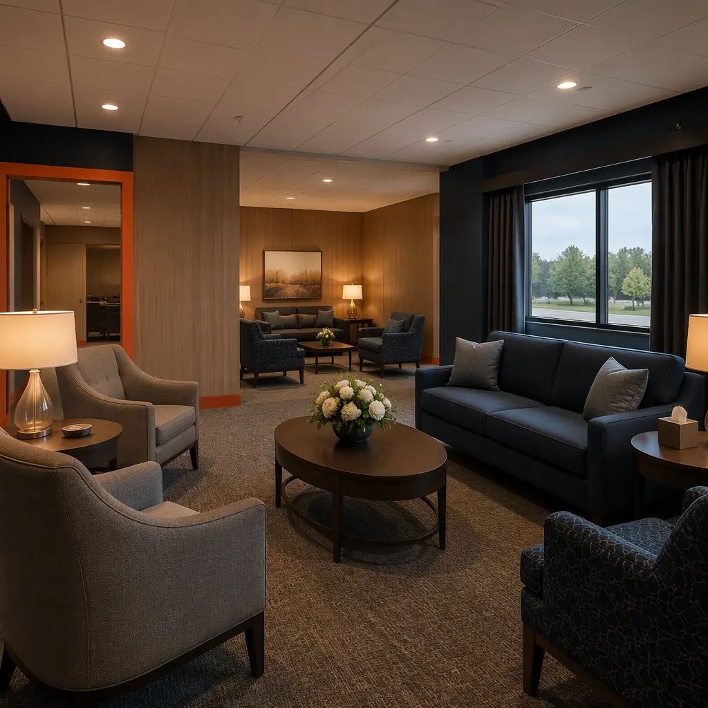Factory-completed interior of modular funeral home visitation room, warm wood-toned finishes with upholstered seating arranged in conversational groupings, dimmable LED lighting system with multiple scene presets, acoustic ceiling panels for sound privacy, module seam visible at wall junction between adjacent visitation room modules, large window with factory-installed insulated glazing, dark navy accent wall with warm steel orange detail on door frame and baseboard trim, professional and dignified atmosphere