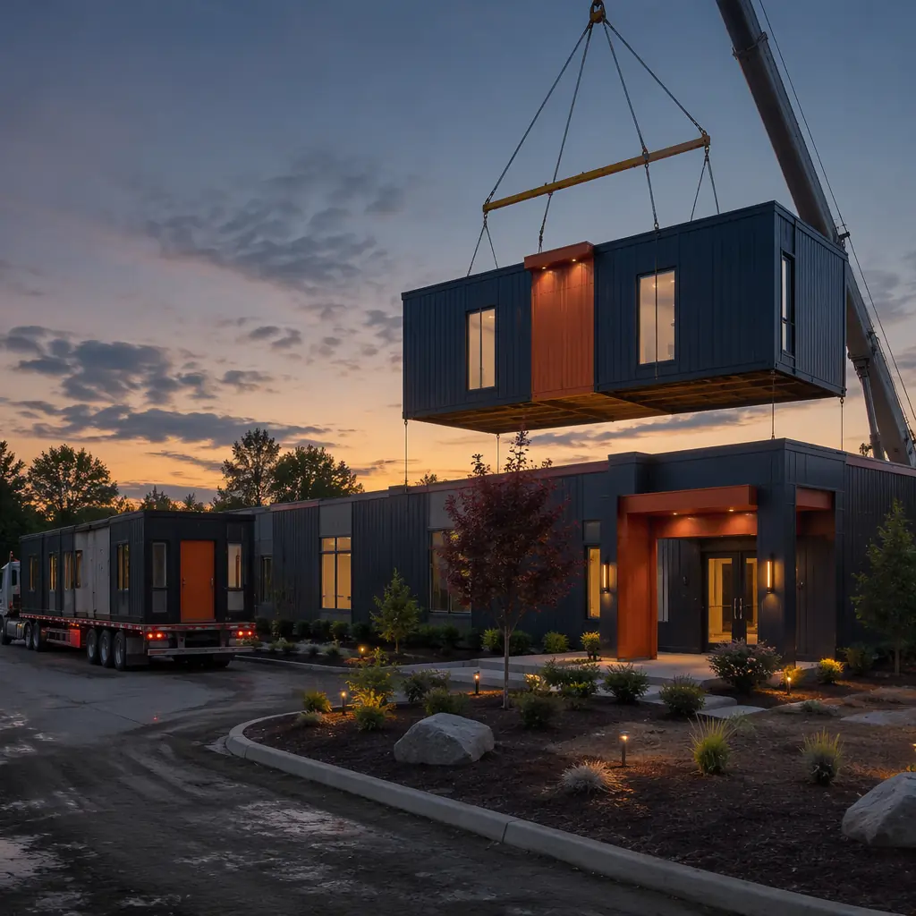 Construction site of modular funeral home, crane lifting completed visitation room module with factory-finished exterior wall panels and dignified architectural detailing, flatbed truck delivering additional module units, modules already set on concrete foundation with module seams visible, landscaped site preparation completed around set modules, dark navy exterior panels with warm steel orange accent on entrance features, evening lighting ambiance