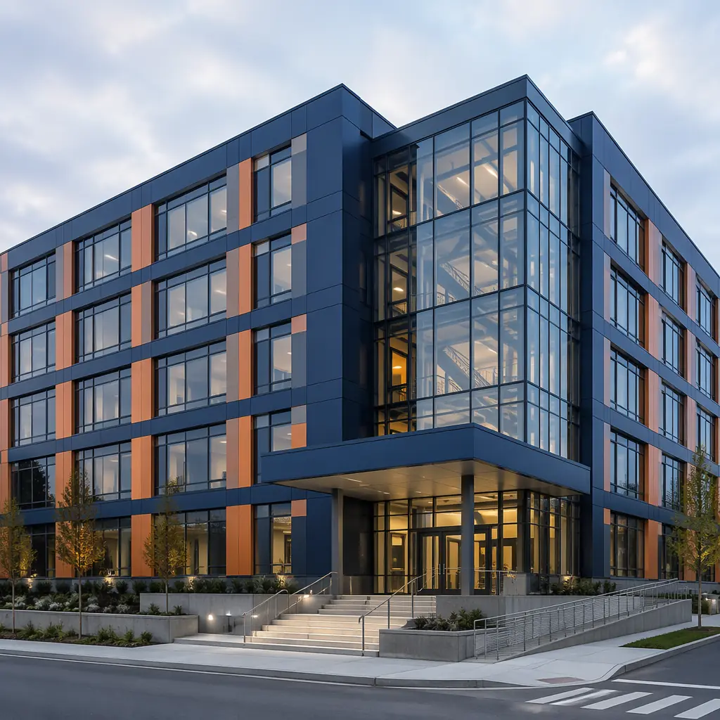Completed modular government administrative building exterior, multi-story civic center with repetitive window grid pattern reflecting prefabricated modular units, modern public sector architecture, steel frame structure visible through glass curtain wall, accessible entrance design, clean geometric facade