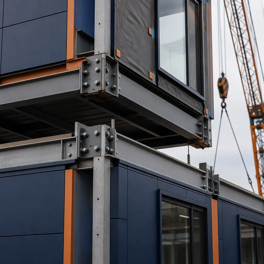 Close-up of modular government building modules being connected on construction site, steel bolted connections between prefabricated units visible, module seams and joint details, structural frame alignment, weather barrier and building envelope pre-installed, industrial precision assembly of public sector building