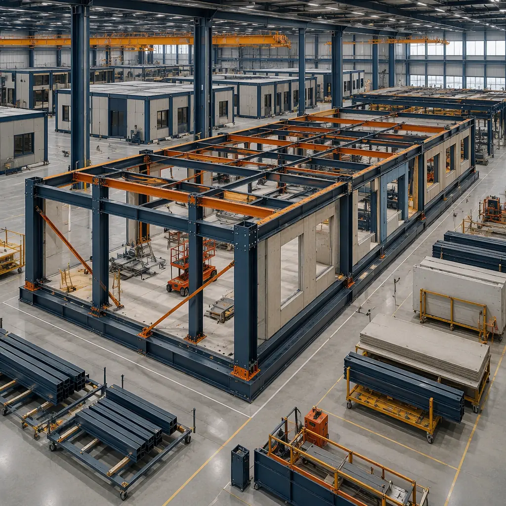 Factory assembly line for prefabricated government building modules, large-scale municipal module on factory floor with clean room environment, steel columns and wall panels being assembled, completed modules visible in background, modular prefabricated construction