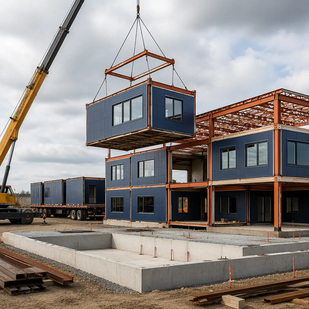 Crane lifting modular government building steel frame unit onto prepared concrete foundation at municipal construction site, multiple modules already positioned and connected, steel columns and roof trusses visible, module seams visible, flatbed trucks with additional modules, public sector building under construction