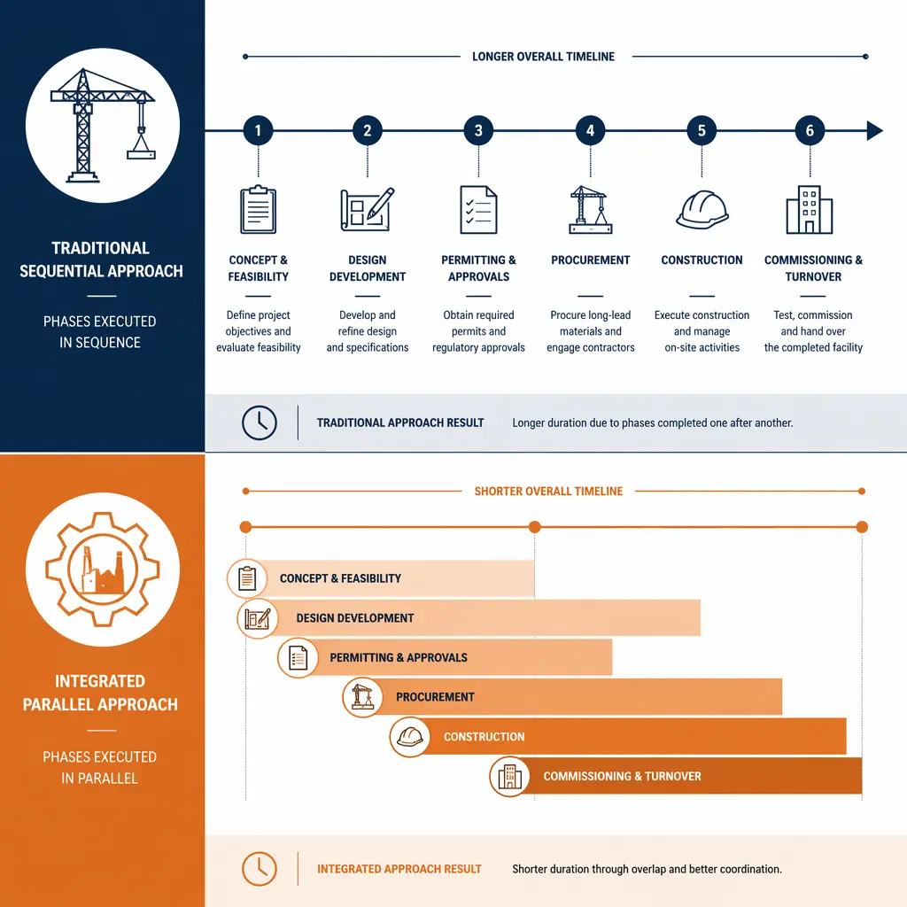 Diagram comparing traditional hospital construction timeline (3-5 years) vs modular construction timeline (18-30 months) with parallel workflows highlighted
