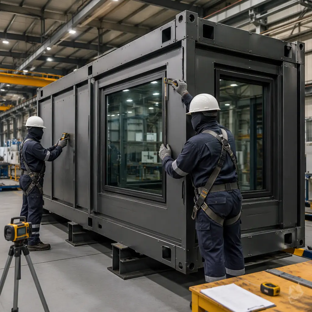 Heavy steel frame modular building module on factory assembly floor, industrial-grade structural beams with protective coating, blast-resistant window panels being installed, workers in safety equipment performing quality inspection with measurement tools