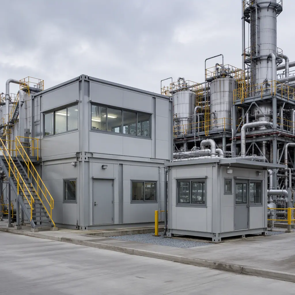 Modular industrial facility buildings at chemical processing plant, prefabricated steel frame structures with corrosion-resistant coating, control room and operator shelter modules installed adjacent to process equipment, clean industrial architecture with safety signage