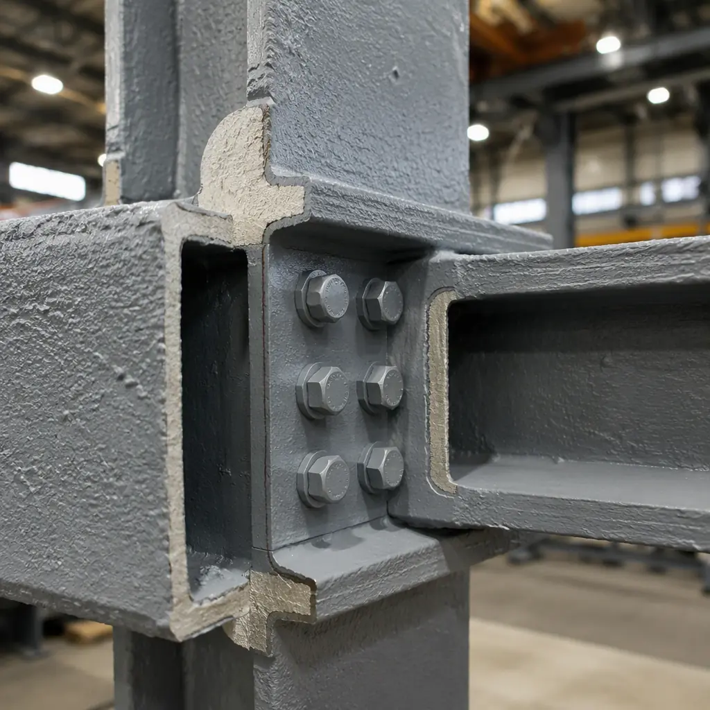 Close-up of modular industrial building steel frame connection with intumescent fireproofing coating, structural beam joint with high-strength bolted connection, protective coating layers visible at cross-section, factory quality inspection stamp on steel member