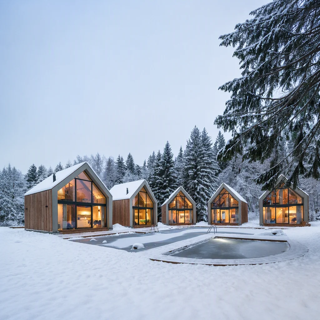 A-frame modular resort cabins in snow mountains