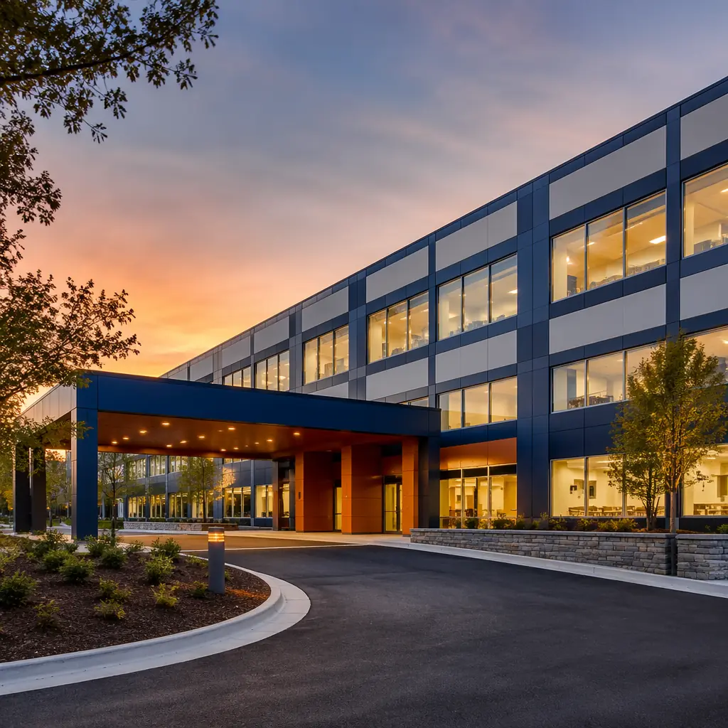 Completed modern modular hospital facility exterior at golden hour, steel-framed prefabricated construction with clean geometric facade and visible module grid pattern, fully operational healthcare facility with warm interior lighting, landscaped medical campus with dark navy and warm steel orange architectural accents