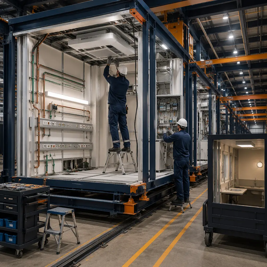 Factory floor with hospital-grade modular units under assembly, steel-framed patient room module with medical headwall and gas piping pre-installed, workers installing HEPA filtration and electrical systems in clean factory environment, controlled production conditions with module quality inspection visible, dark navy structural elements