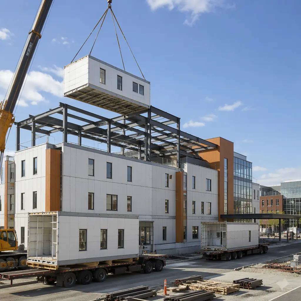 Crane lifting modular hospital unit onto steel frame structure on active medical campus, factory-assembled module with pre-installed medical systems being positioned, construction site with flatbed trucks delivering additional modules, clean geometric hospital facade with visible module seams, urban healthcare campus setting