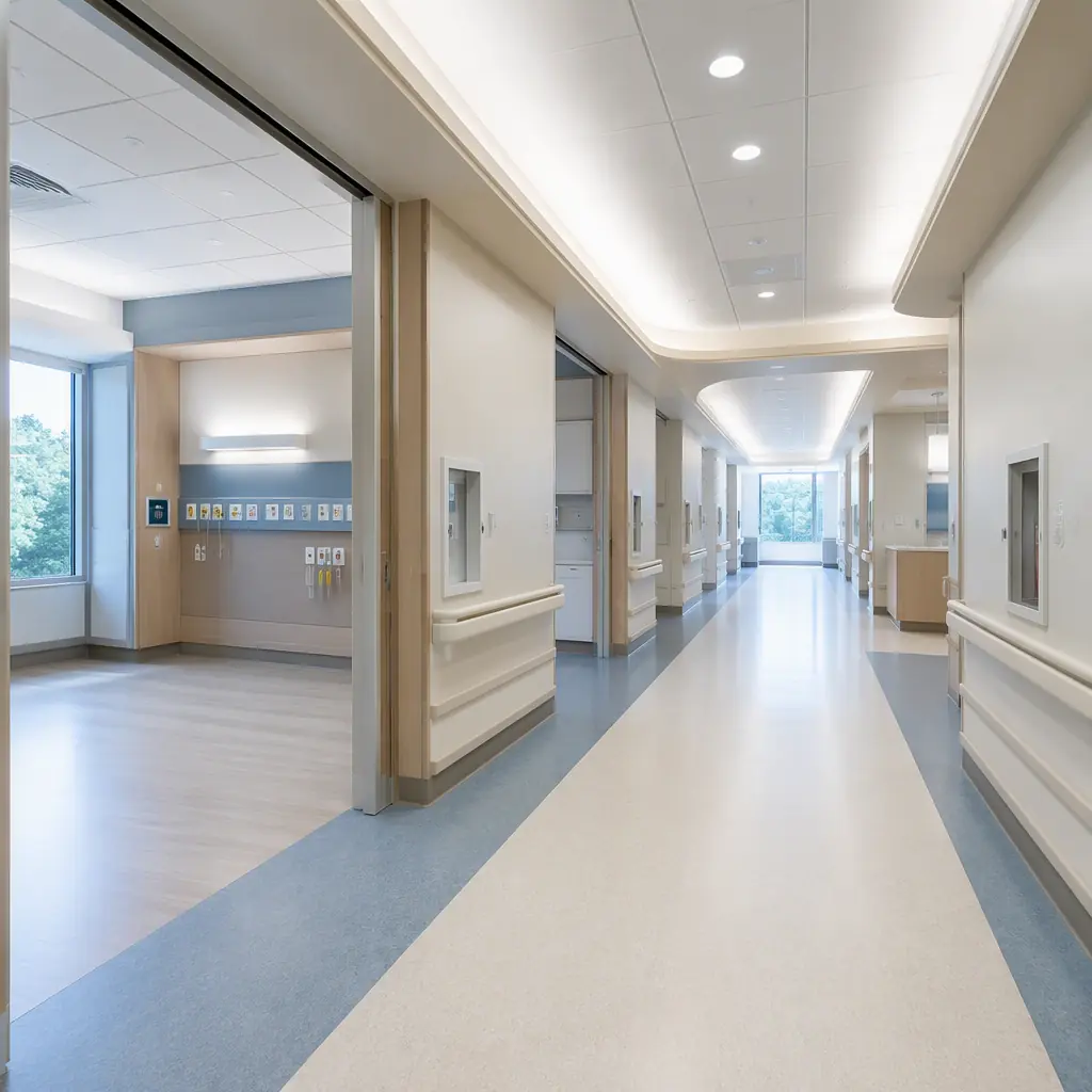 Modern hospital corridor with modular construction, clean bright interior with medical equipment rough-ins visible, hospital-grade finishes and recessed lighting, conveying sterile professional healthcare environment