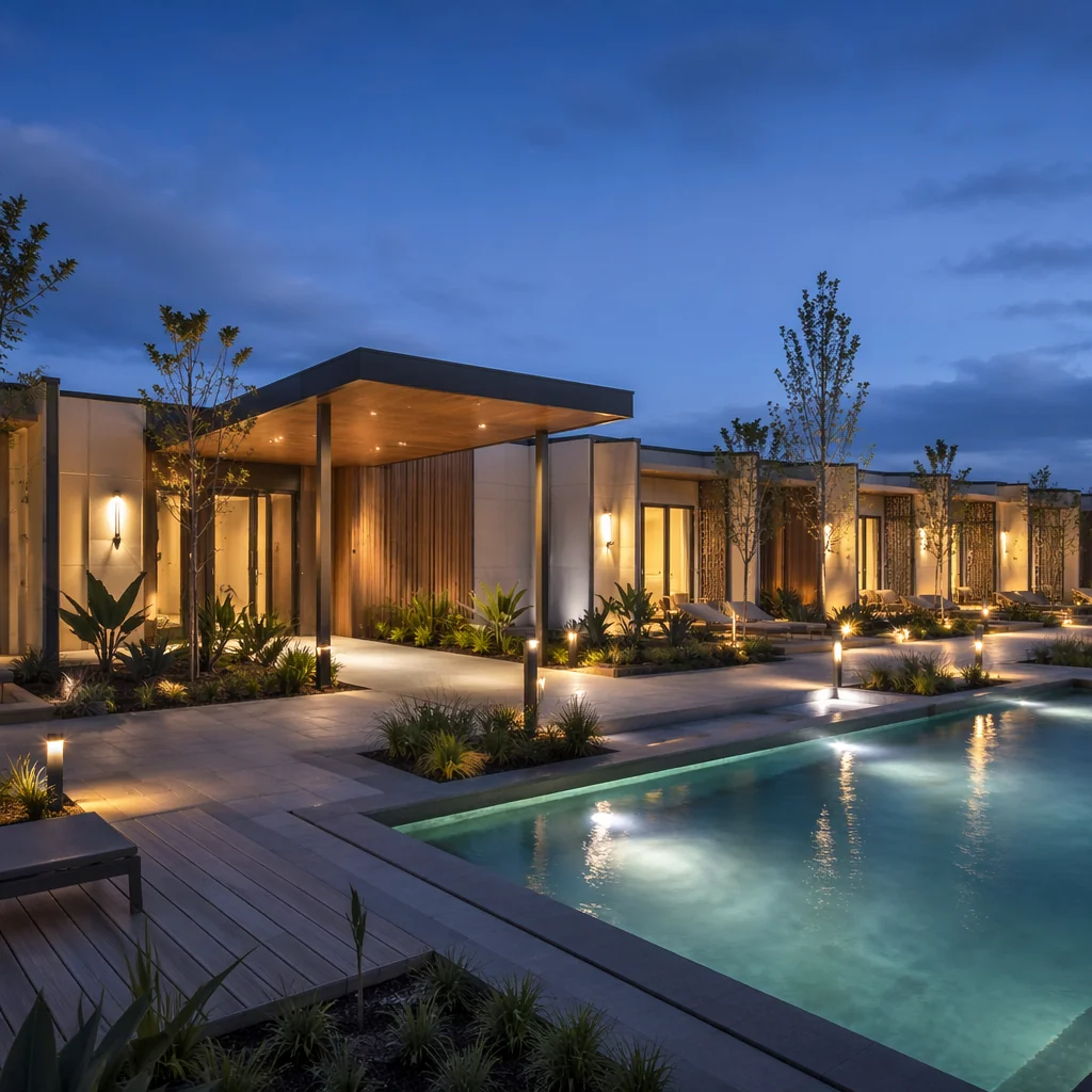 Modern 6-story modular hotel building with sleek facade at dusk