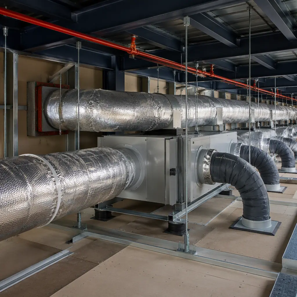 Photorealistic view inside modular building ceiling plenum showing factory-installed spiral ductwork with external insulation wrap, ERV unit mounted on vibration isolation hangers, flexible duct connections to diffuser boots, fire dampers at module wall penetration, all components installed at factory workbench height before ceiling closure, dark navy structural steel frame visible above ductwork
