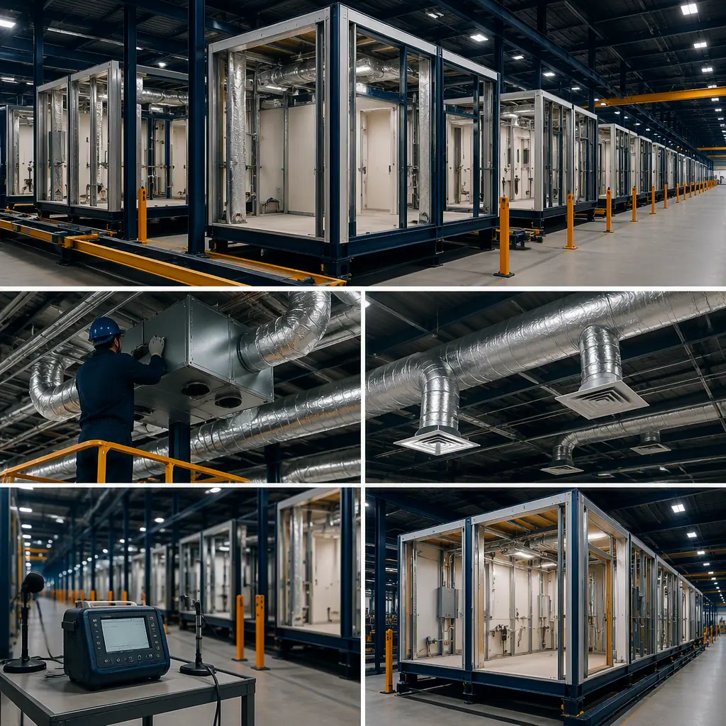 Factory assembly line in modular prefabricated construction facility, HVAC technician installing ERV unit in ceiling plenum of steel frame module, spiral ductwork with external insulation being connected to diffuser boots, quality control inspection station with airflow measurement hood, module nearing completion with MEP systems fully roughed-in and tested, clean organized factory floor with dark navy structural elements