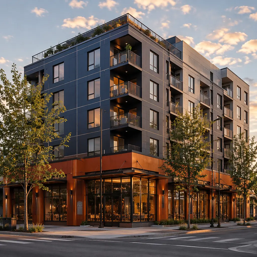 Completed modern mixed-use building combining modular prefabricated upper floors with traditional ground-level retail podium, clean geometric facade, steel and glass architecture, urban setting, professional commercial building exterior