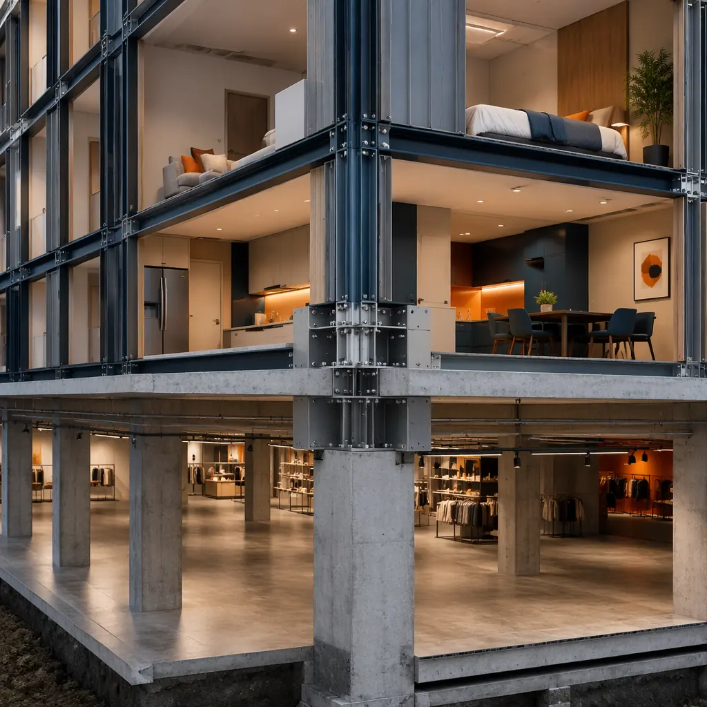 Cross-section perspective of modular construction project, factory-built steel frame modules stacked above concrete podium structure, crane lifting module into position, integration of prefabricated and traditional construction methods visible