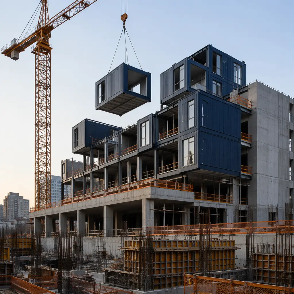 Active modular construction site, prefabricated steel frame modules being craned into position on upper floors while traditional concrete podium construction continues at ground level, multiple construction methods operating simultaneously, clean geometric building design