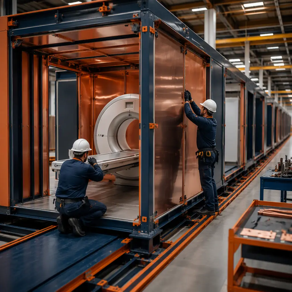 Factory assembly of modular medical imaging unit, steel frame module with RF shielding copper panels being installed, clean factory environment, prefabricated healthcare construction