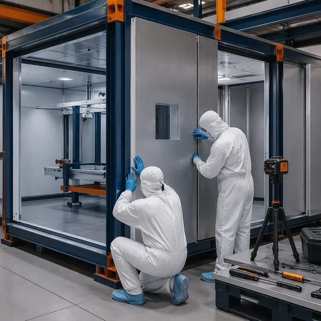 Modular medical module with lead radiation shielding panels being fitted onto steel frame in factory, technicians inspecting seam overlap, prefabricated hospital construction