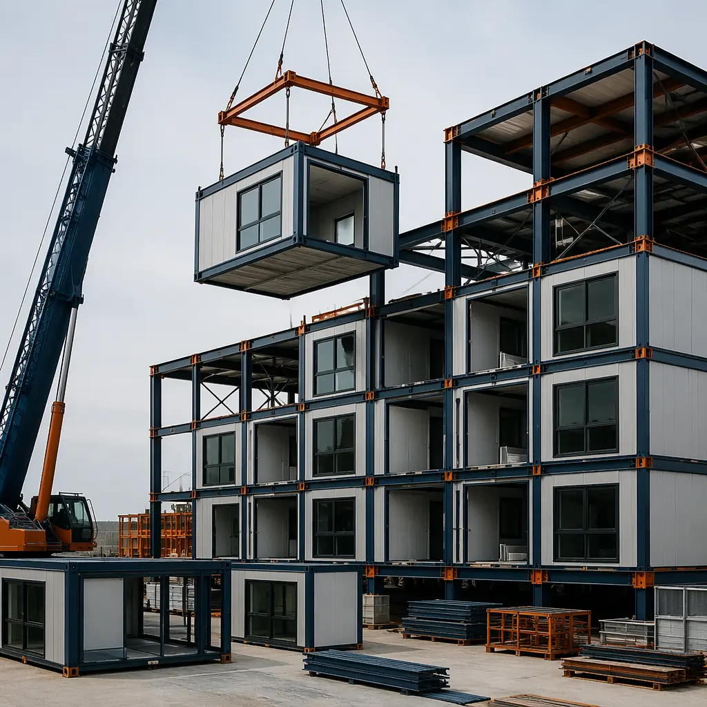 Crane lifting modular building unit onto multi-story structure at construction site, prefabricated steel frame module being positioned precisely, clean geometric facade with module seams visible, modern modular construction site with organized staging area, dark navy accent elements on building