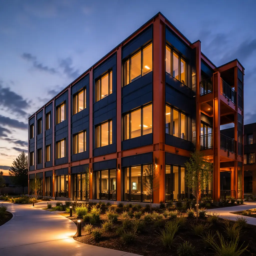 Modern modular building completed and occupied, clean geometric facade with grid pattern showing module units, professional architectural photography, dark navy and warm steel orange color details on structural elements, prefabricated modular construction project fully delivered, landscaped commercial building exterior with contemporary design