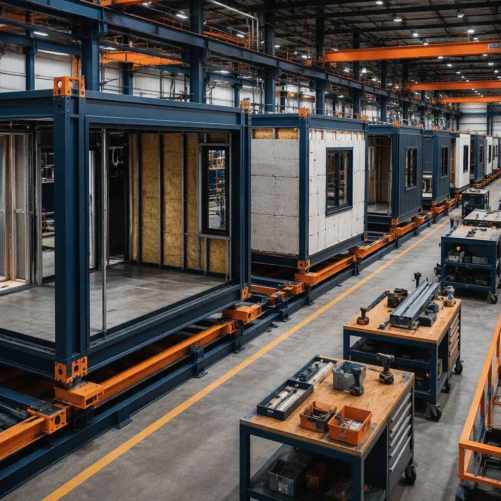 Modular building modules on factory production line, steel frame structures in various stages of completion, workers assembling wall panels in controlled indoor environment, prefabricated construction modules with quality inspection markings visible, clean organized factory floor with assembly stations