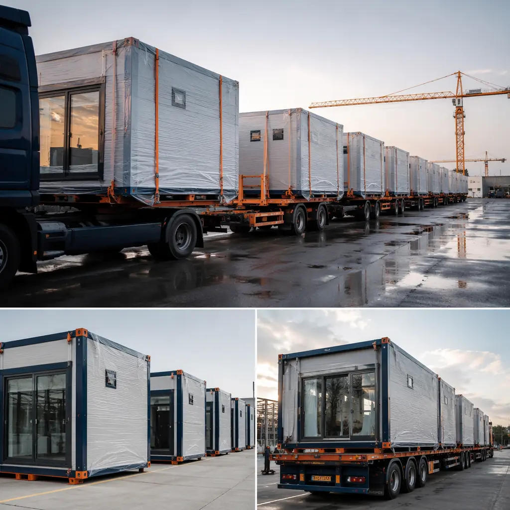 Row of completed modular building units on flatbed trucks ready for transport from factory, prefabricated modules wrapped and secured for shipping, logistics yard with modular construction units staged in organized rows, steel frame structures visible beneath protective wrapping, industrial setting with dark navy corporate branding