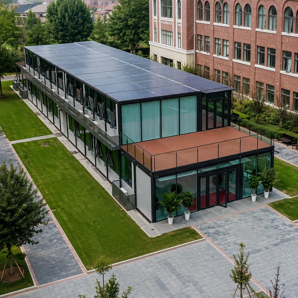 Modern modular school building campus with outdoor learning spaces