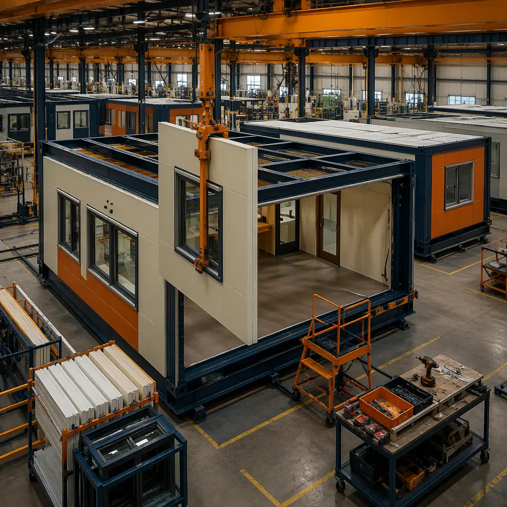 Factory assembly line for modular classroom units, workers installing wall panels and windows, steel frame structure visible, prefabricated school modules nearing completion on factory floor